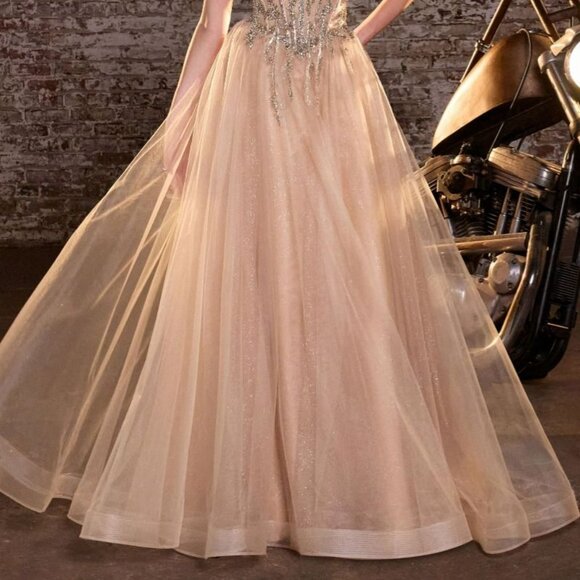 New Gold Strapless A-Line Tulle Beaded Dress w/ Lace Up Back & V-Neck CD721 - Picture 6 of 9